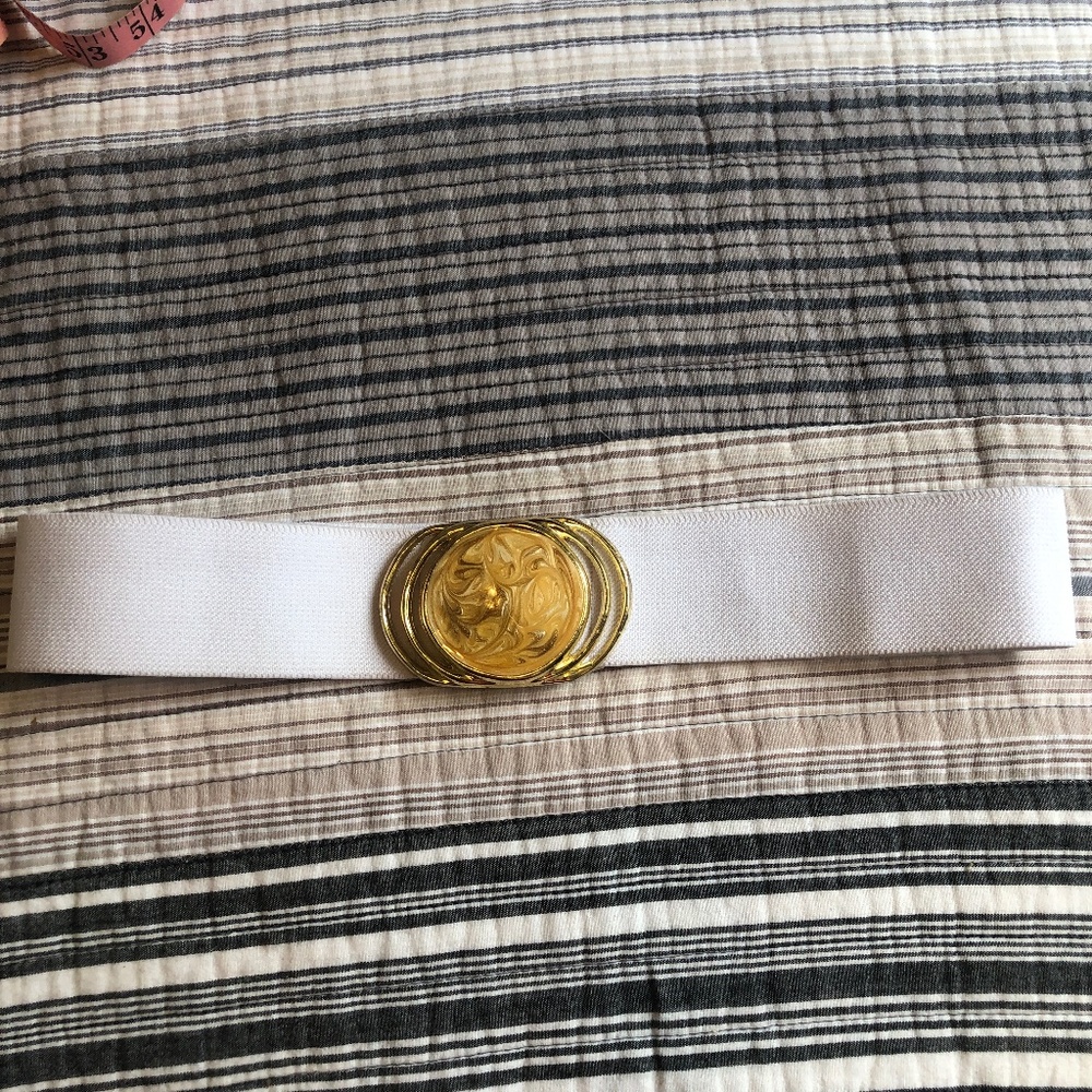 Vintage White Elastic Belt with Gold Stone Buckle